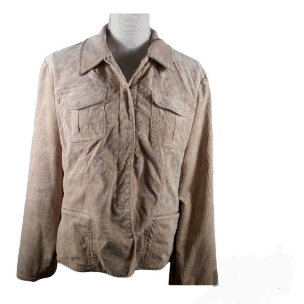 Chicos Retro Corduroy Jacket Tan Size 2 Subtle Swirl Pattern Cabincore